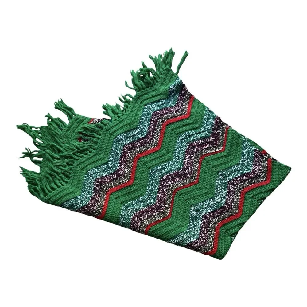 Handmade Green & Red Chevron Chrohet Zig-Zag Afghan Lap Blanket Throw 64”X48”